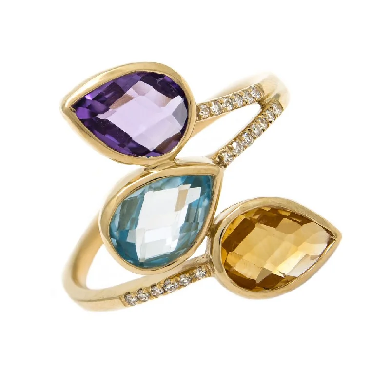 designer ladies ring-14K Yellow Gold Amethyst, Citrine, Blue Topaz Pear Ring