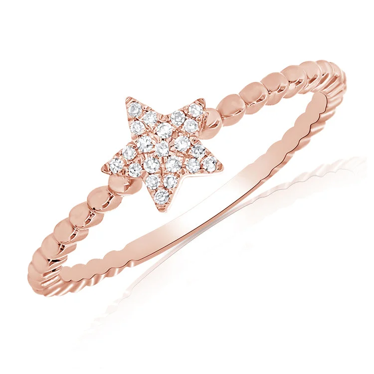 ladies ring with diamonds-14K Rose Gold Diamond Star Beaded Ring