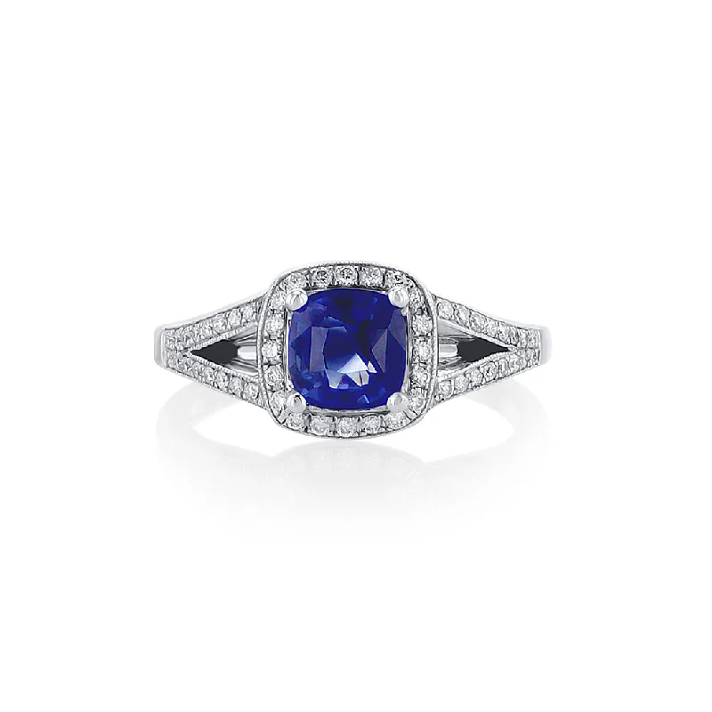 cubic zirconia ladies ring-1.19 CT Cushion Cut Blue Sapphire and 0.60 Cttw Diamond Halo and Split Shank 14K White Gold Ring