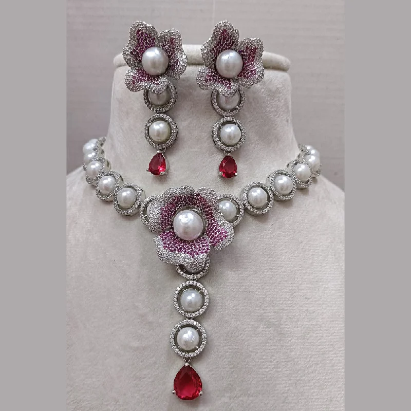 adjustable ladies necklace-Exotica Collection American Diamond Nano Ruby Necklace Set