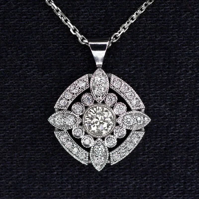 floral ladies necklace-NATURAL DIAMOND PENDANT VINTAGE STYLE HALO NECKLACE ART DECO 14k WHITE GOLD