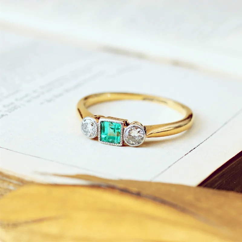 platinum vintage engagement ring-Vintage Emerald & Diamond Trilogy Engagement Ring