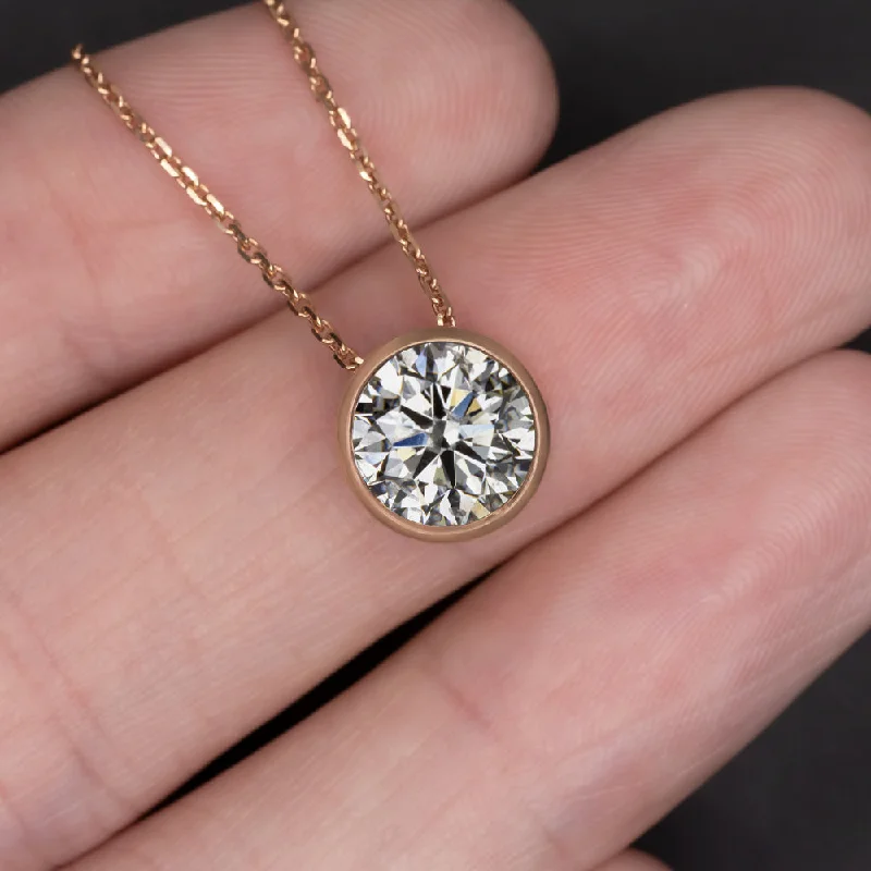 vintage ladies necklace-2.07ct CERTIFIED DIAMOND PENDANT NECKLACE BEZEL 14k ROSE GOLD ROUND CUT 2 CARAT