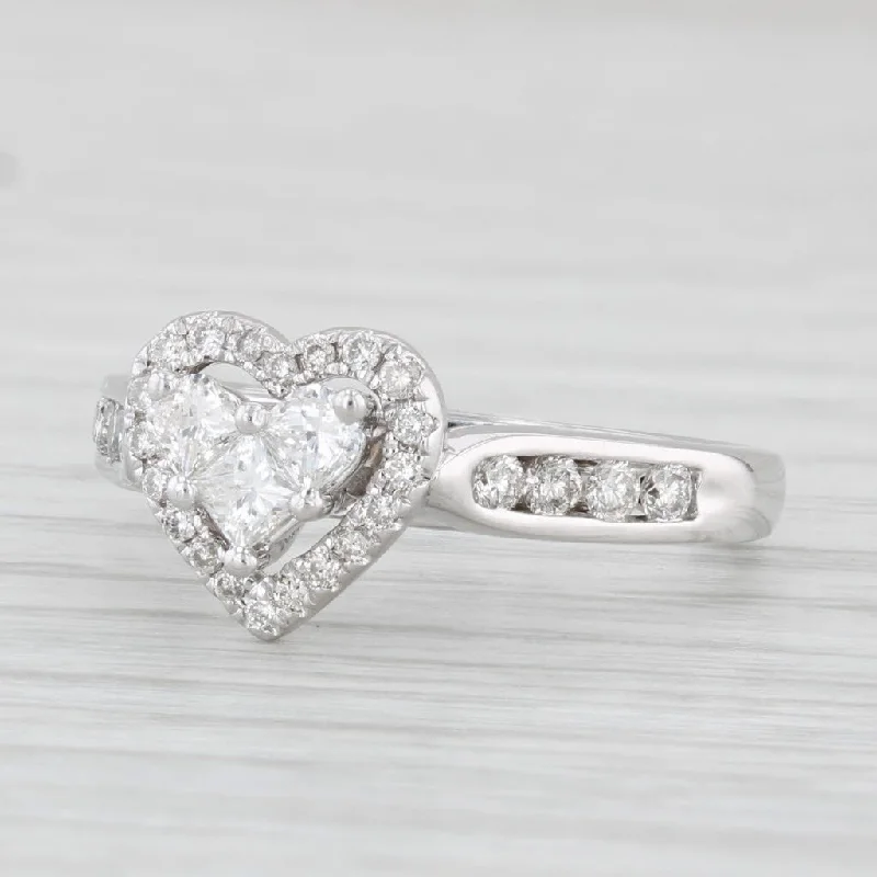 thin band engagement ring-0.56ctw Diamond Heart Halo Ring 14k White Gold Size 5.5 Engagement