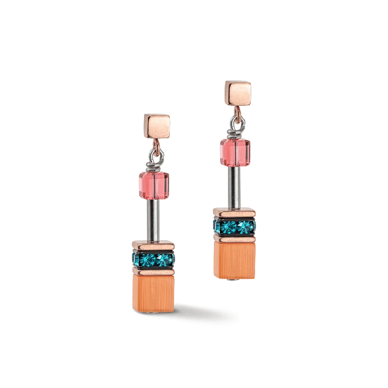 engagement ladies earrings-Coeur De Lion GeoCUBE® Iconic Rose Gold and Multicolour Expressive Earrings