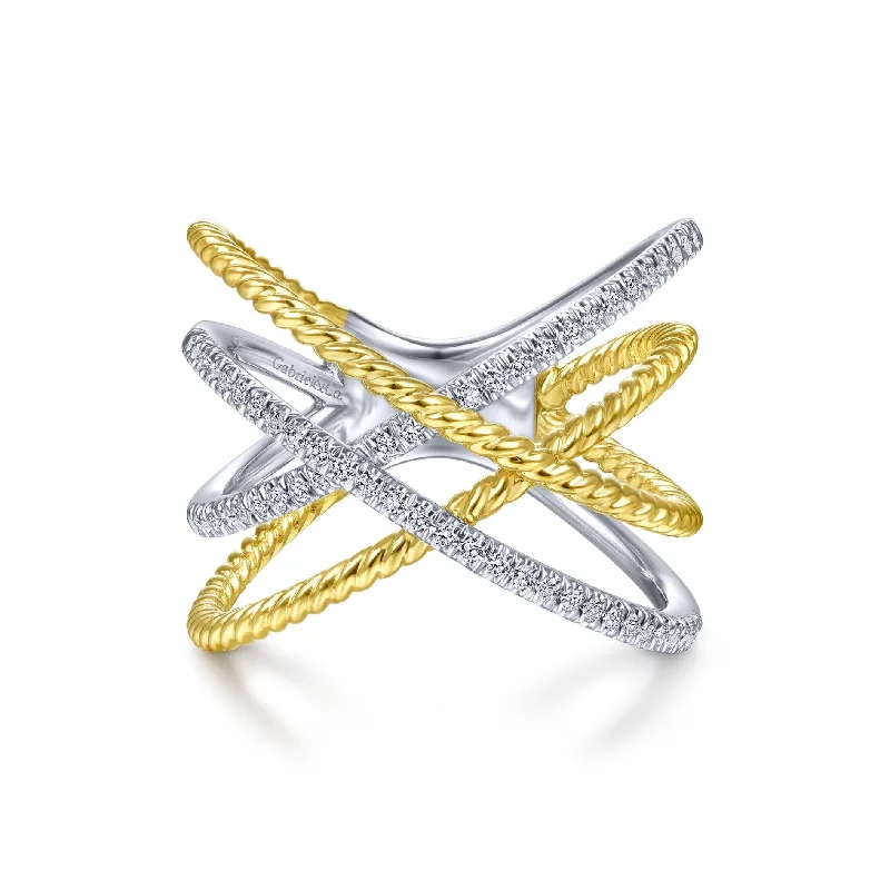 geometric ladies ring-14K White & Yellow Gold Diamond Twisted Crossover Ring