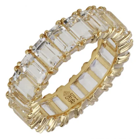 trendy gold ladies ring-14K Yellow Gold Emerald Cut White Topaz Eternity Ring (Large)