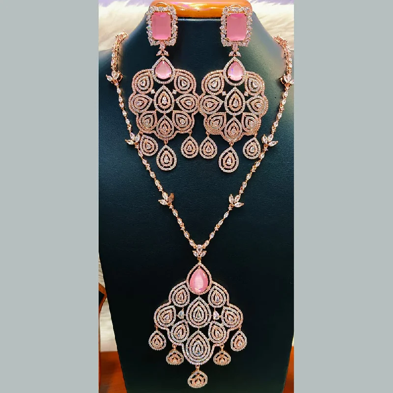 luxury ladies necklace-Jain Jewellers Rose Gold Plated  AD Long  Necklace Set