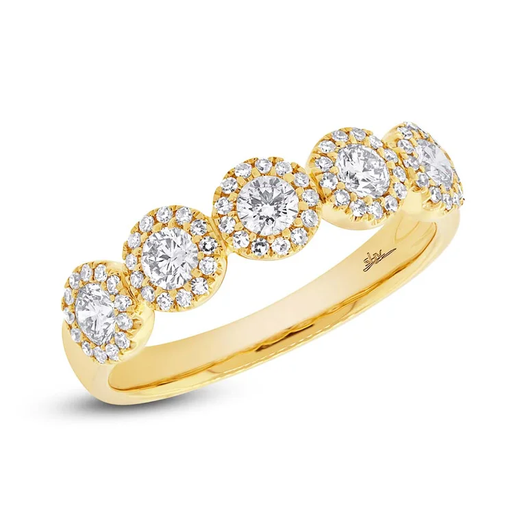 celestial-inspired ladies ring-14K Yellow Gold Five Diamond Halo Band