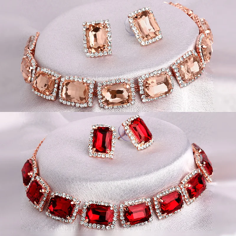 silver ladies necklace-Shrishti Fashion Inspired Squire Peach And Red Rose Gold Plated Set Of 2 Collar Necklace Set Combo For Women