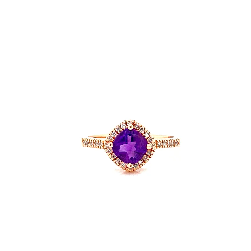 vintage-inspired gold ladies ring-14K Rose Gold Diamond Halo + Cushion Amethyst Ring