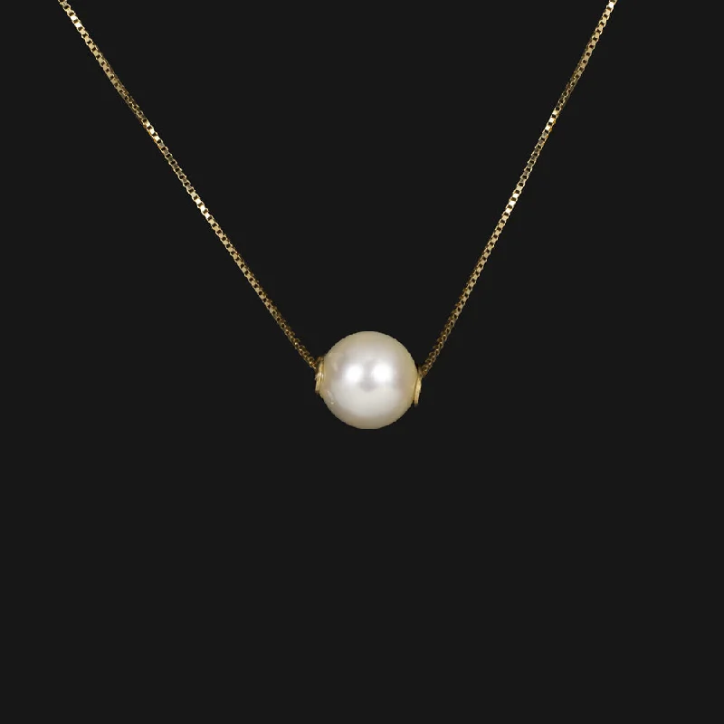 delicate chain ladies necklace-PEARL 14k YELLOW GOLD NECKLACE DAINTY SIMPLE CLASSIC EVERYDAY PENDANT 17 INCH