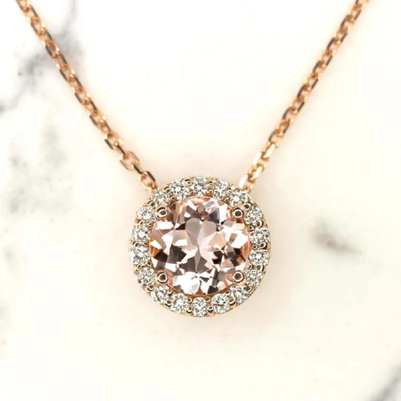 heart pendant ladies necklace-NATURAL MORGANITE DIAMOND HALO PENDANT NECKLACE ROUND CUT ROSE GOLD PEACH PINK