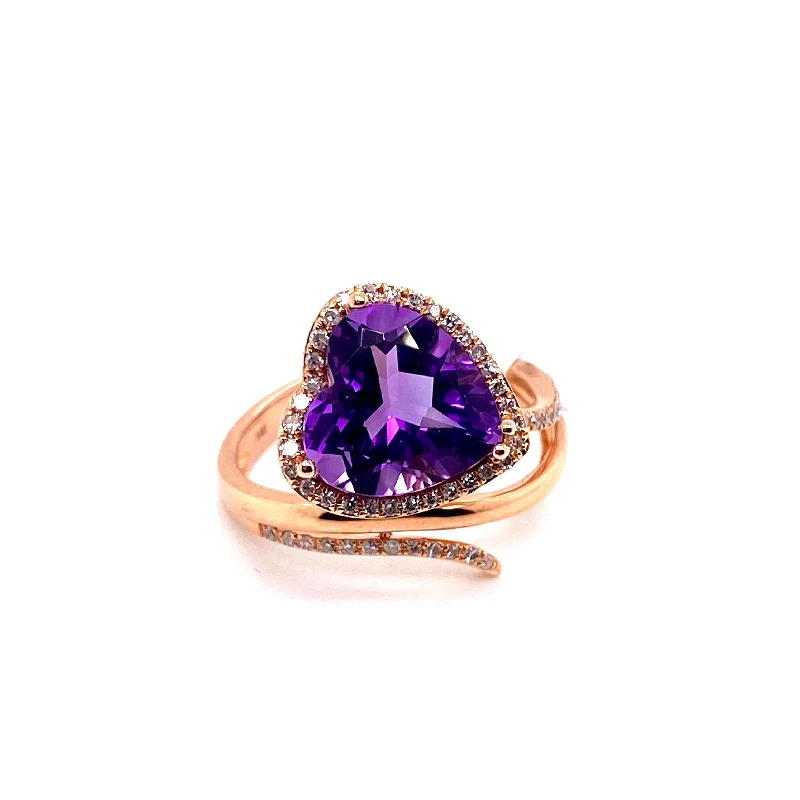 handcrafted ladies ring-14K Rose Gold Diamond + Heart Amethyst Ring