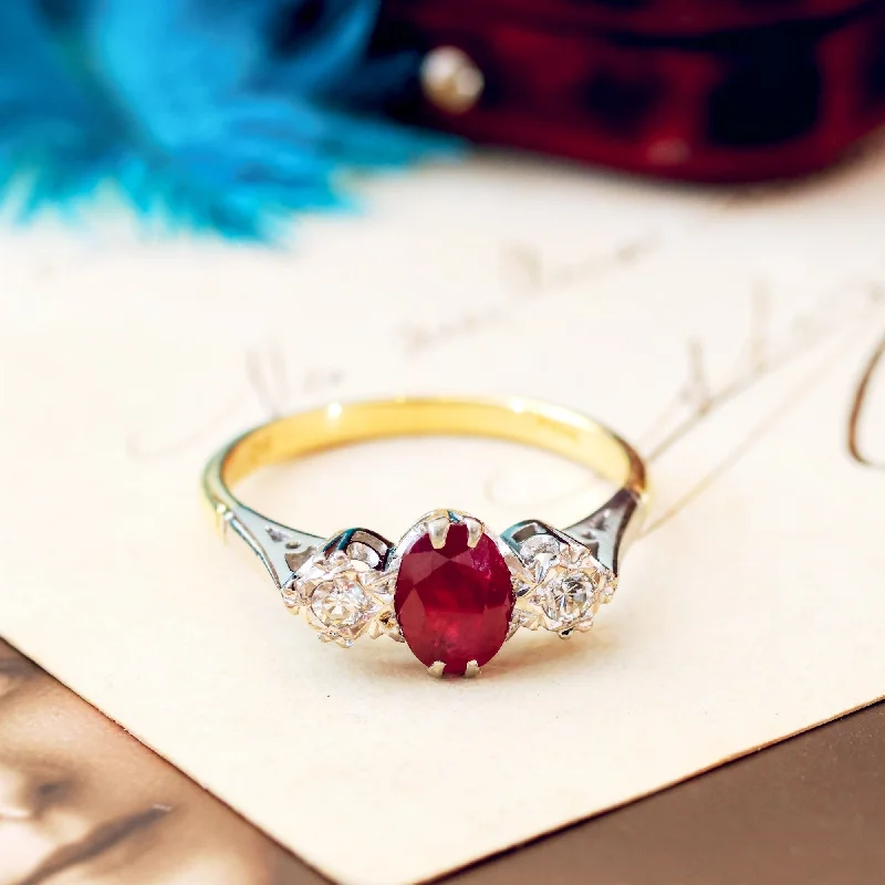 birthstone engagement ring-Vintage Ruby & Diamond Trilogy Engagement Ring