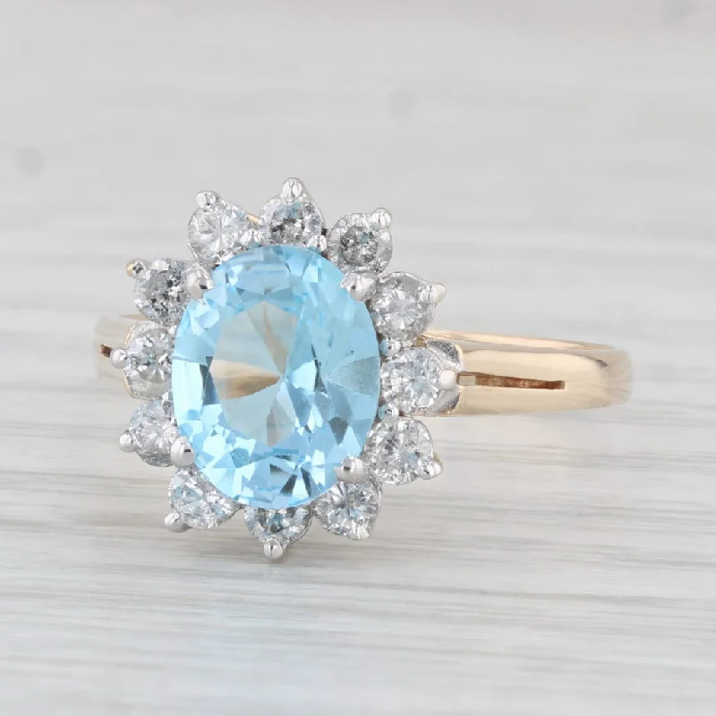 pear-shaped engagement ring-2.83ctw Oval Blue Topaz Diamond Halo Ring 14k Yellow Gold Size 8.5 Engagement