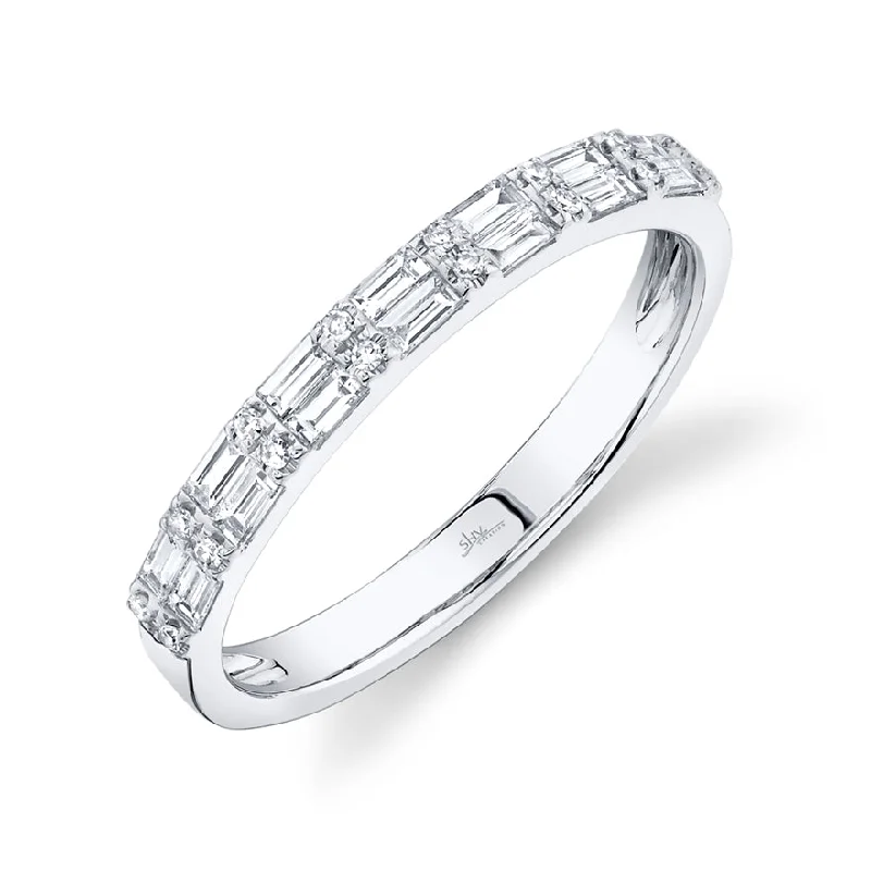 floral engraved ladies ring-14K White Gold Diamond Baguette + Round Diamond Band