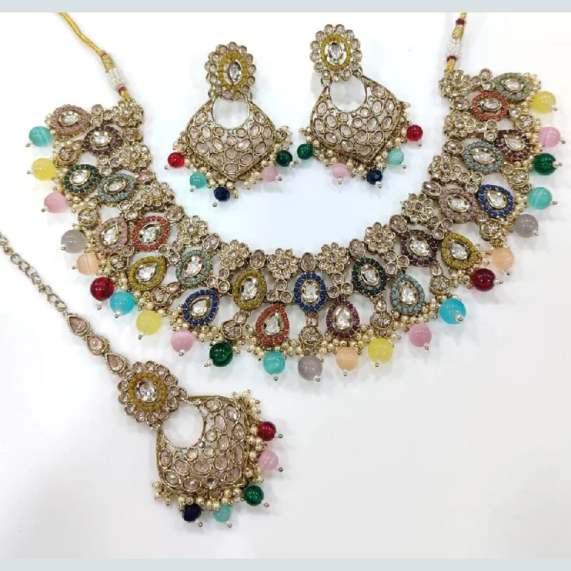 luxury ladies necklace-Kavita Art Gold Plated Crystal Stone And Pearls Necklace Set