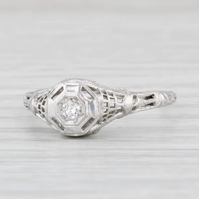 engagement ring with side stones-Art Deco Diamond Solitaire Engagement Ring 18k White Gold Filigree Size 8