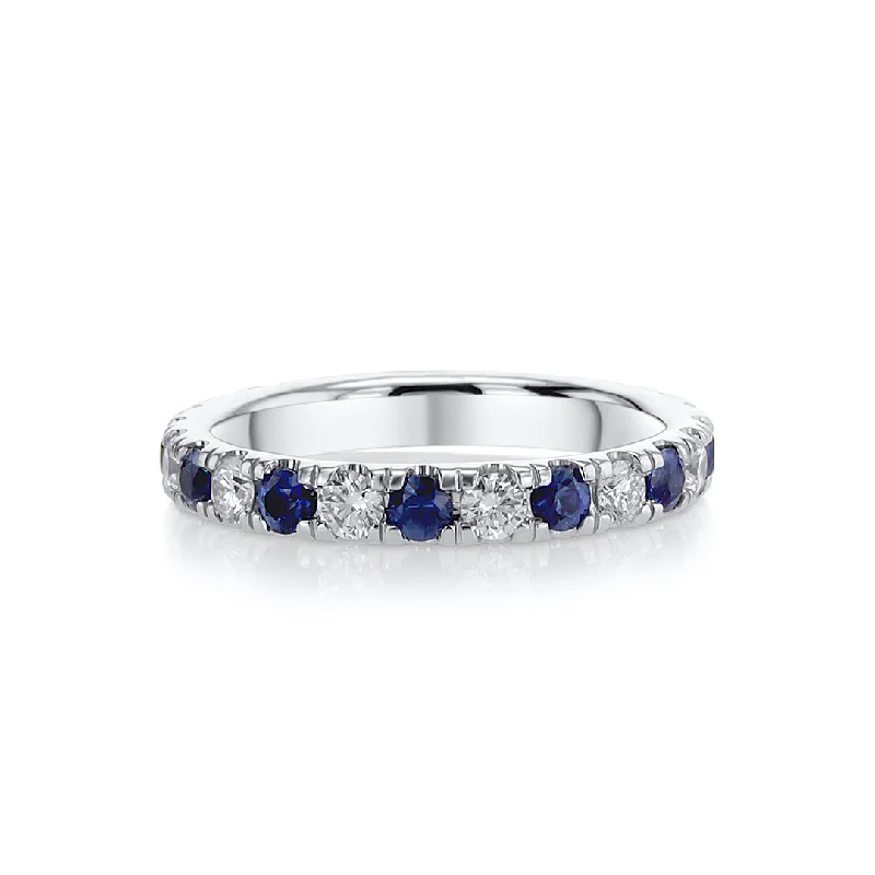 adjustable gold ladies ring-0.75 Cttw Round Diamond & 0.72 Cttw Blue Sapphire 18K White Gold Eternity Band