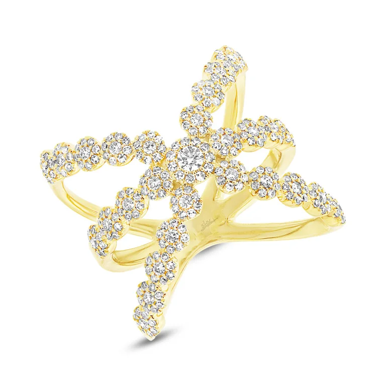 statement cocktail ladies ring-14K Yellow Gold Diamond Halo Crossover Ring