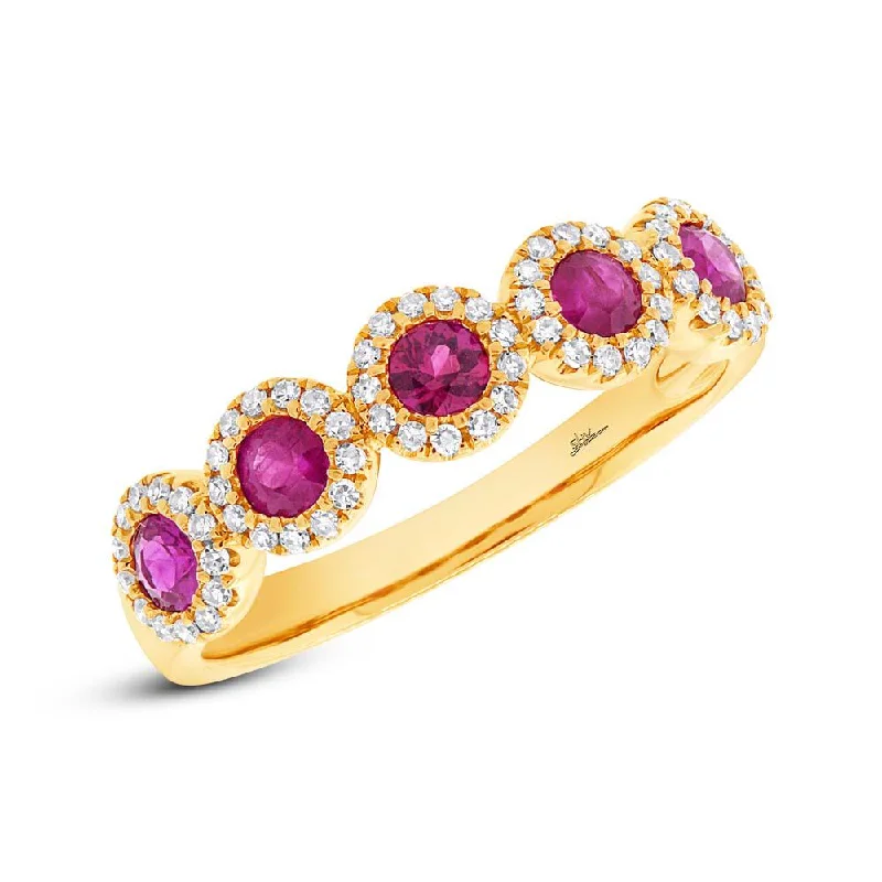 women’s wedding ring-14K Yellow Gold Ruby Diamond Halo Band