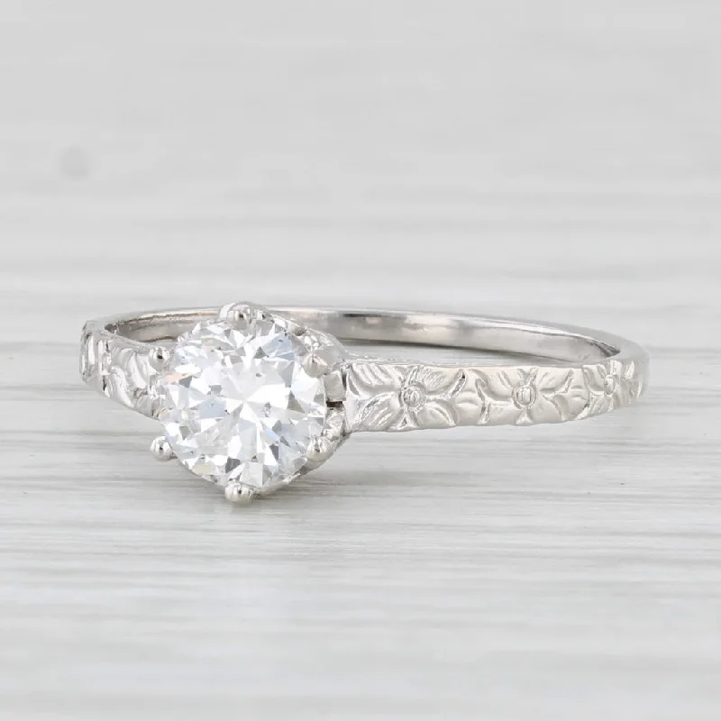 designer engagement ring-Antique Diamond Solitaire Engagement Ring 14k White Gold Floral Band Size 6.25