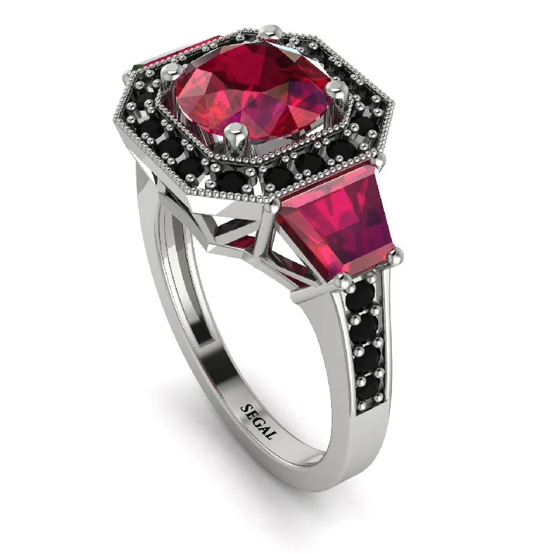 curved wedding band engagement ring-Modern Halo Princess Cut Ruby Stone Engagement Ring - Doris No. 42