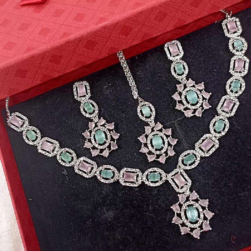 diamond ladies necklace-Exotica Collection American Diamond Pink And Mint Green Necklace Set With Maangtika