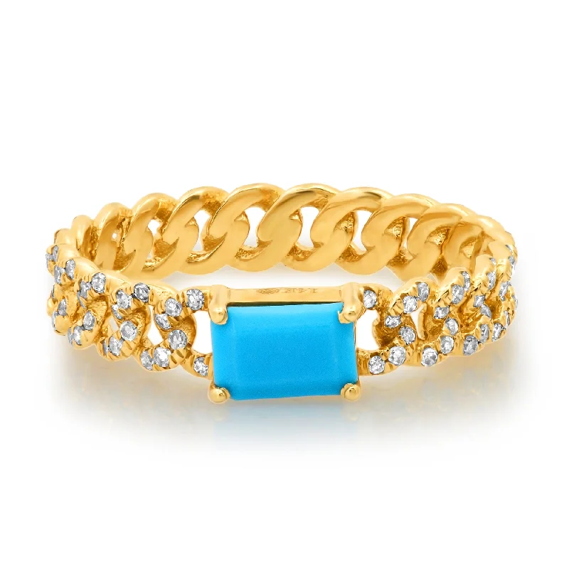 trendy gold ladies ring-CUBAN LINK TURQUOISE & DIAMOND RING, 14kt GOLD