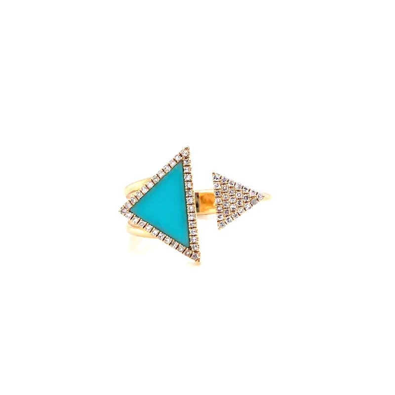 contemporary ladies ring-14K Yellow Gold Diamond + Turquoise Triangle Open Cuff Ring