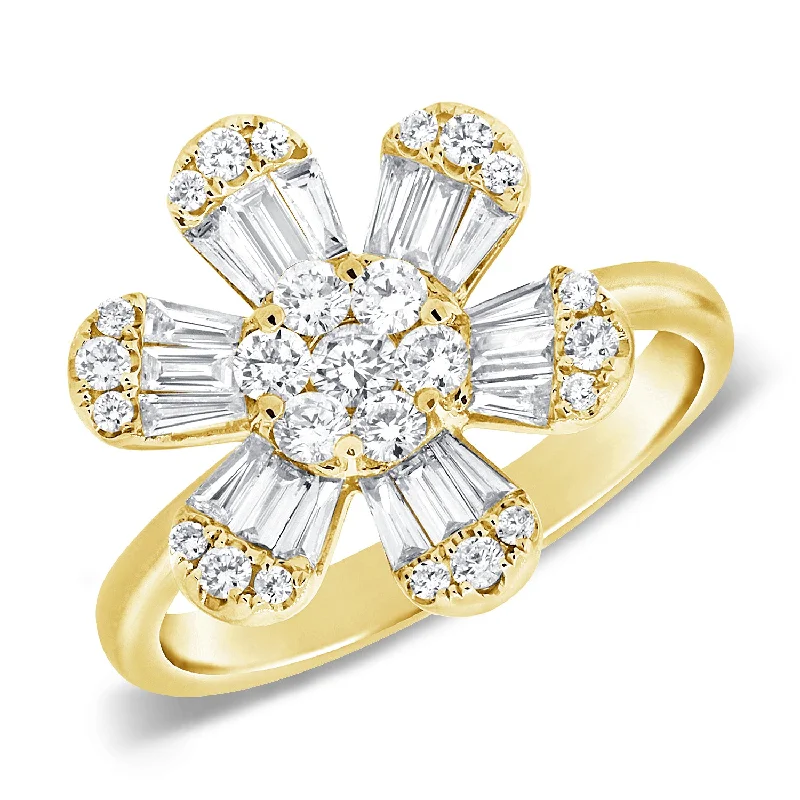 exquisite ladies ring-14K Yellow Gold Baguette & Round Diamond Large Flower Ring