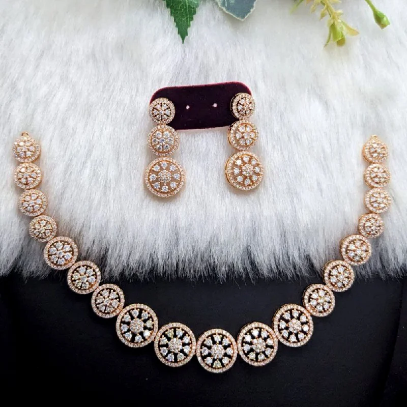 white gold ladies necklace-Aamrapali Rose Gold  Plated AD Necklace Set