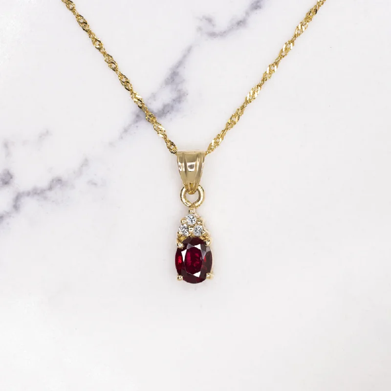 artistic ladies necklace-RUBY DIAMOND PENDANT NECKLACE 18k YELLOW GOLD OVAL SHAPE NATURAL RICH RED GIFT