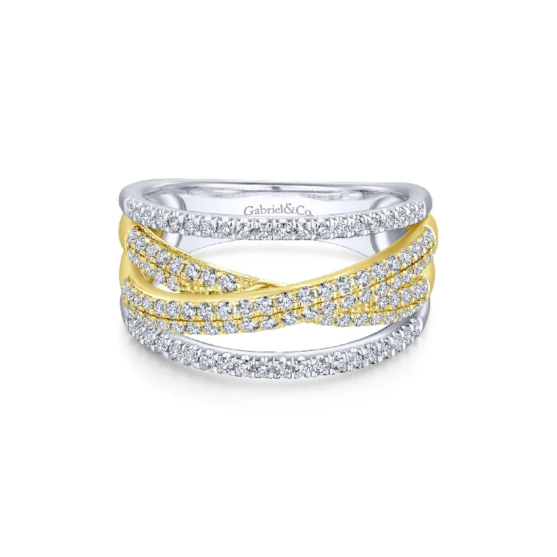 bohemian ladies ring-14K White & Yellow Gold Diamond Split Crossover Ring