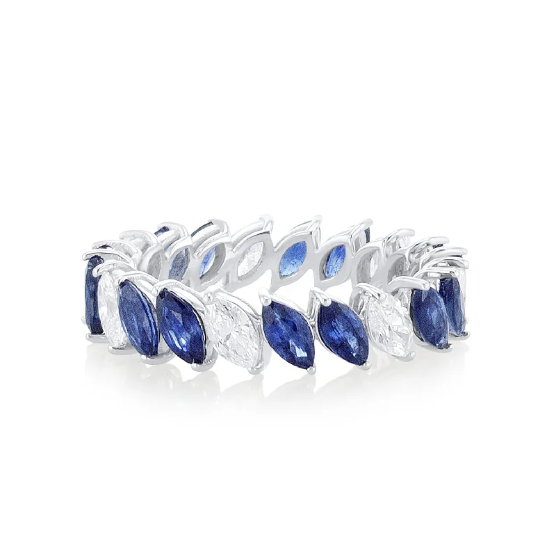 birthstone ladies ring-0.98 TW Sapphire and Diamond Marquise 18K White Gold Eternity Band