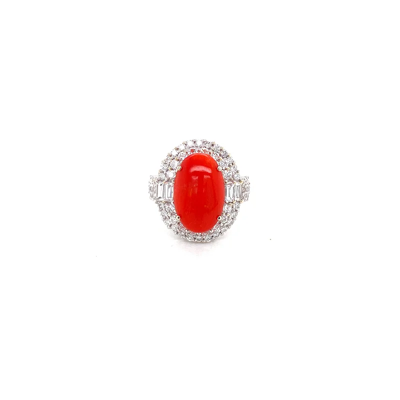 designer ladies ring-18K White Gold Diamond Mounting + Coral Ring