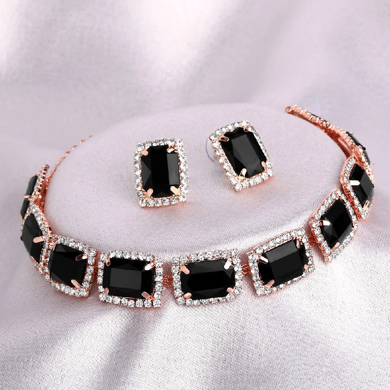 statement ladies necklace-Shrishti Fashion Enjoyable Squire Shape Black Stone Rose Gold Plated Collar Necklace Set For Women