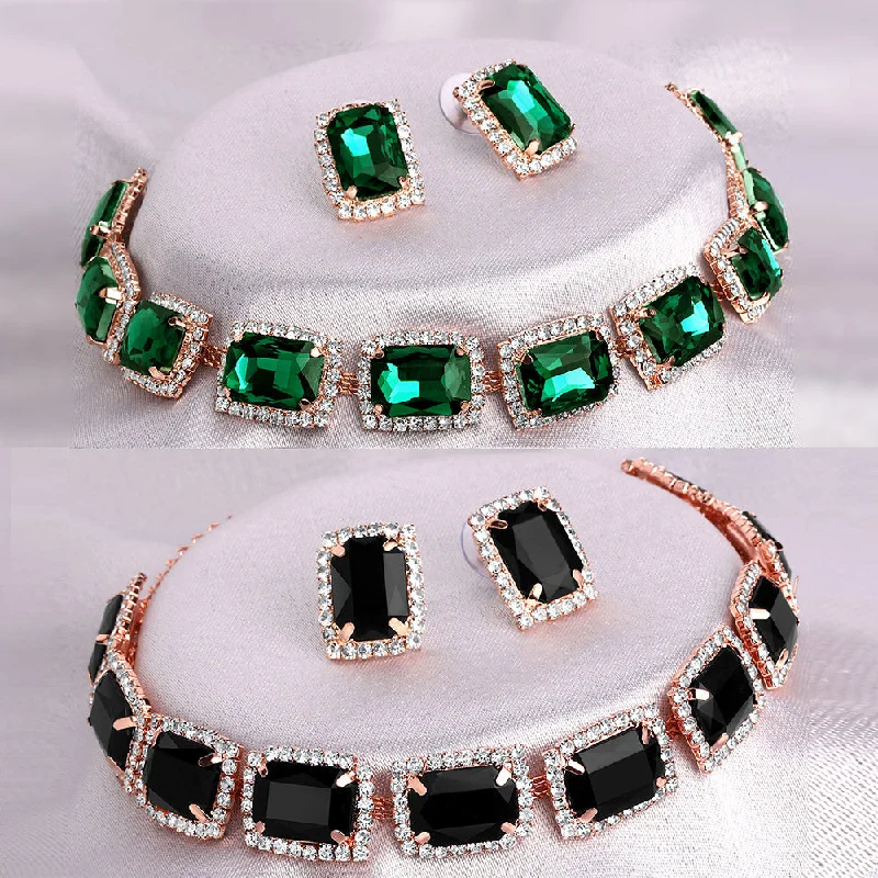 trendy ladies necklace-Shrishti Fashion Fancy Squire Green And Black Rose Gold Plated Set Of 2 Collar Necklace Set Combo For Women