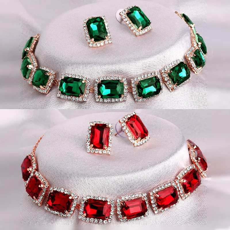 layered ladies necklace-Shrishti Fashion Good-Looking Squire Green And Red Rose Gold Plated Set Of 2 Collar Necklace Set Combo For Women