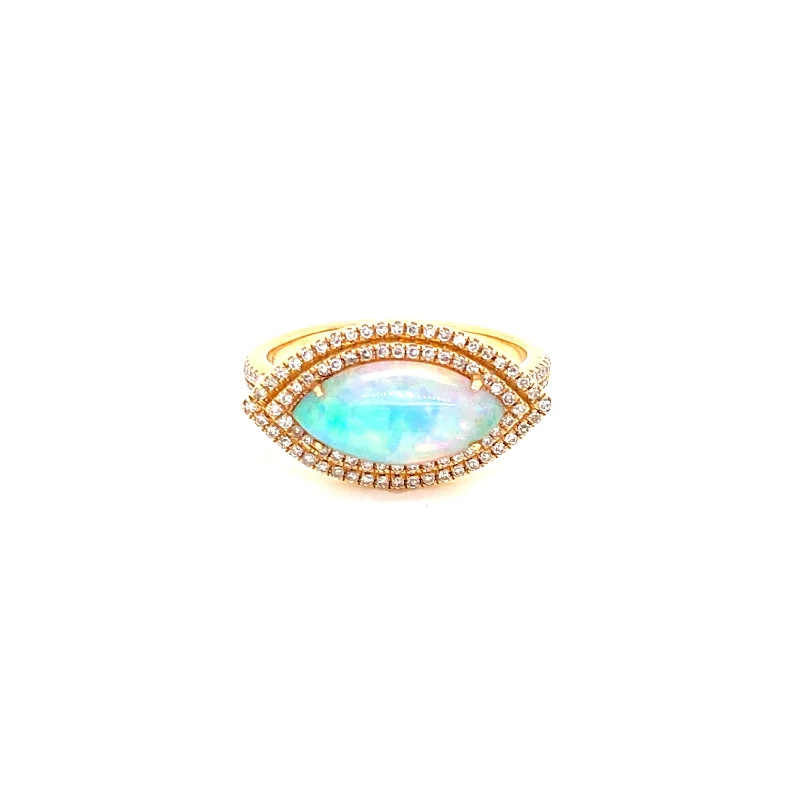 handmade ladies ring-14K Yellow Gold Diamond + Marquise Opal Ring