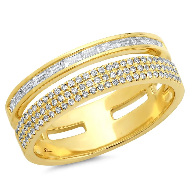 elegant ladies ring-14K Yellow Gold Baguette and Triple Row Diamond Ring