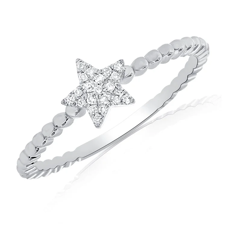 elegant ladies ring-14K White Gold Diamond Star Beaded Ring