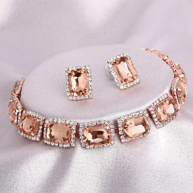 delicate chain ladies necklace-Shrishti Fashion Ethnic Squire Shape Peach Stone Rose Gold Plated Collar Necklace Set For Women