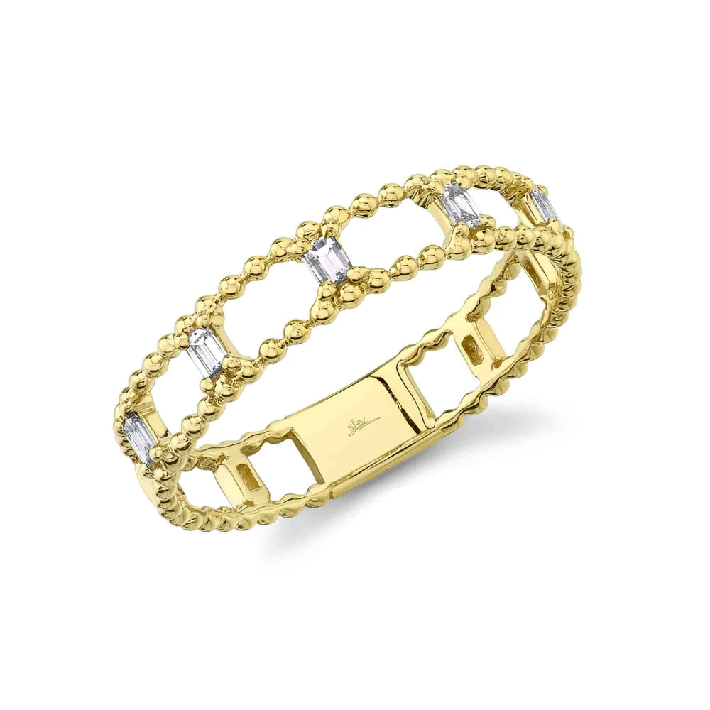 chic ladies ring-14K Yellow Gold Baguette Diamond Bead Double Band