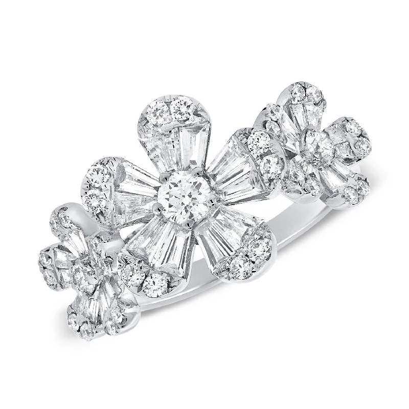 gold band ladies ring-14K White Gold Diamond Triple Baguette Flower Ring