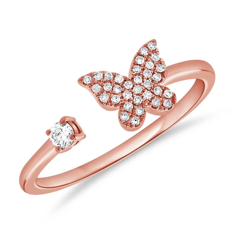 classic solitaire ladies ring-14K Rose Diamond Open Cuff Butterfly Ring