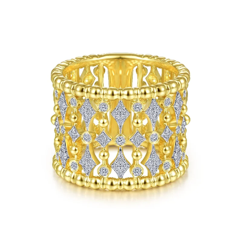 large ladies ring-14K Yellow Gold Diamond Beaded Thick Ring