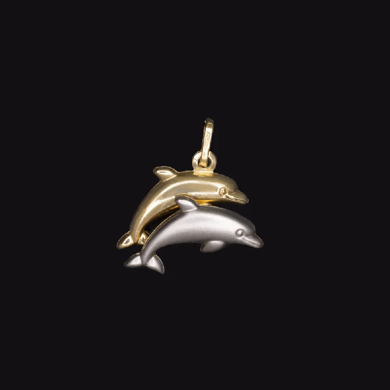 rose gold ladies necklace-14k DOLPHIN CHARM PENDANT SOLID TWO TONE GOLD YELLOW WHITE CUTE NECKLACE GIFT