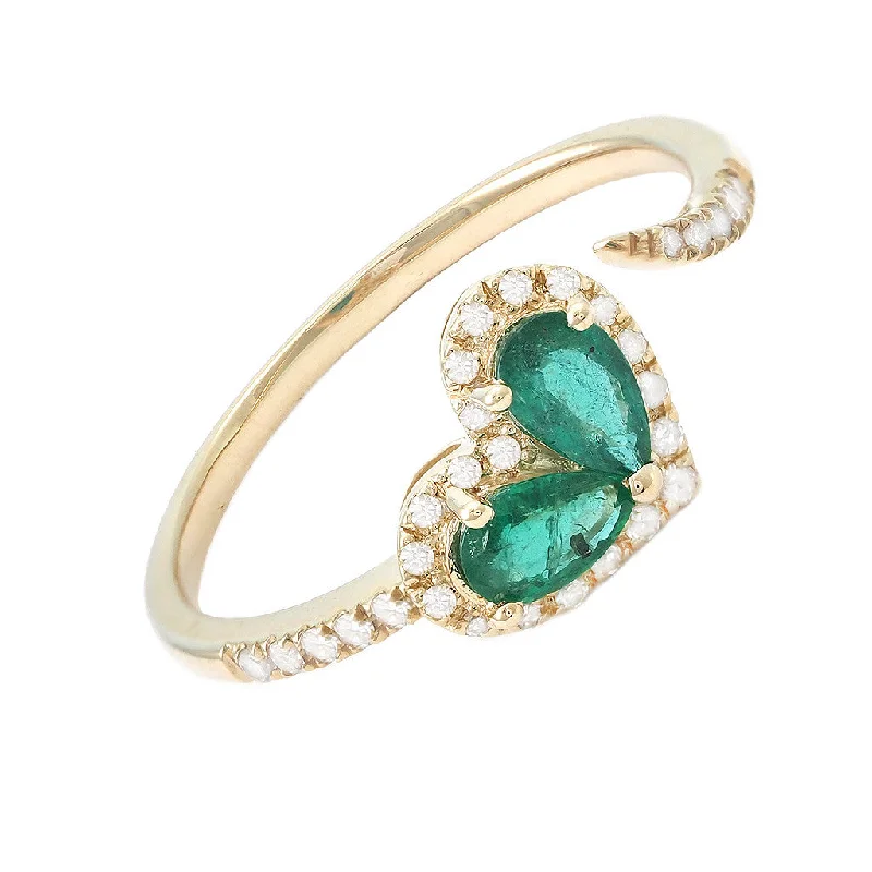 titanium ladies ring-14K Yellow Gold Diamond & Pear Emerald Heart Shape Ring